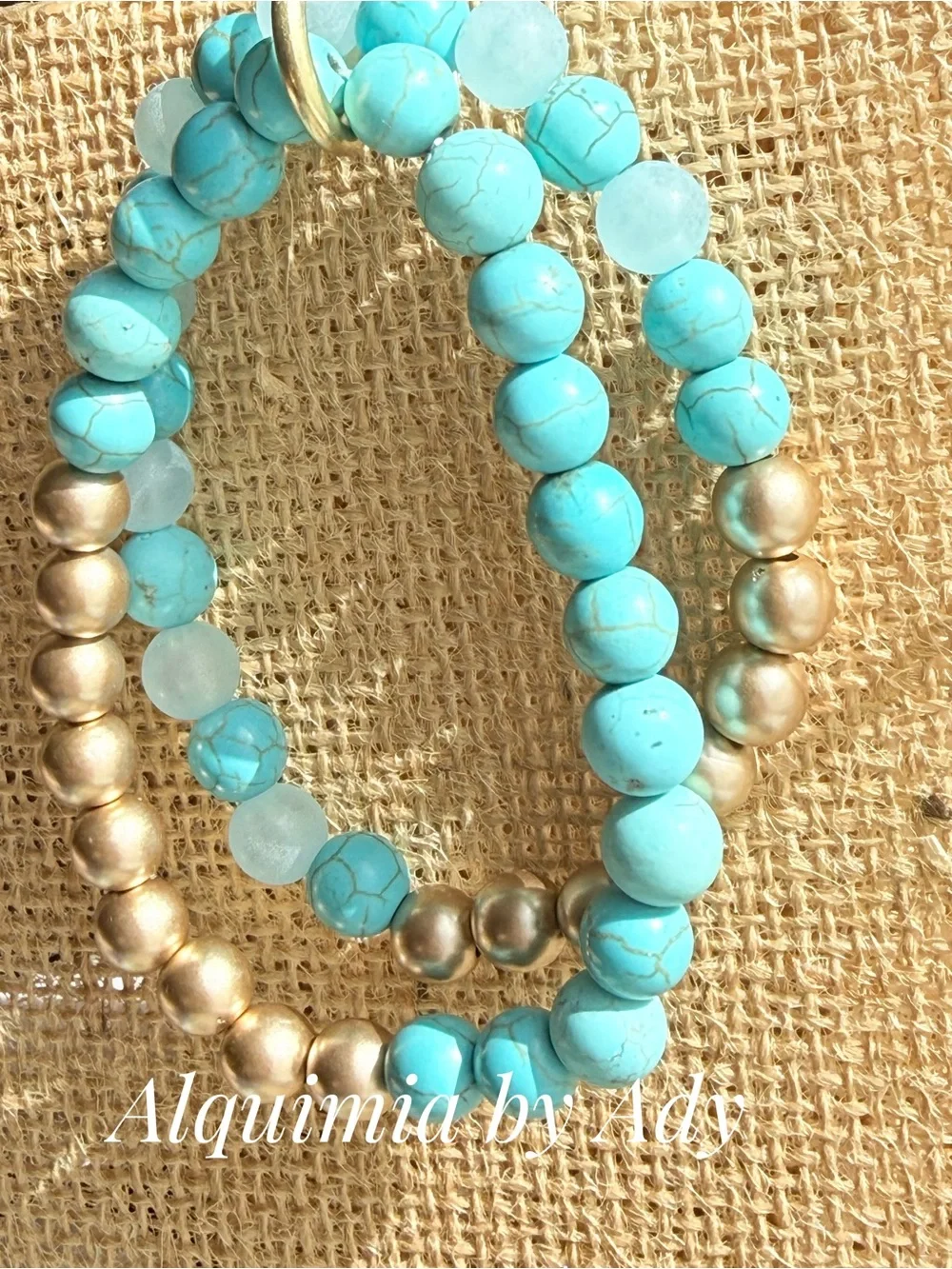 Turquoise and Gold Beaded Stretch Bracelet Set of two
